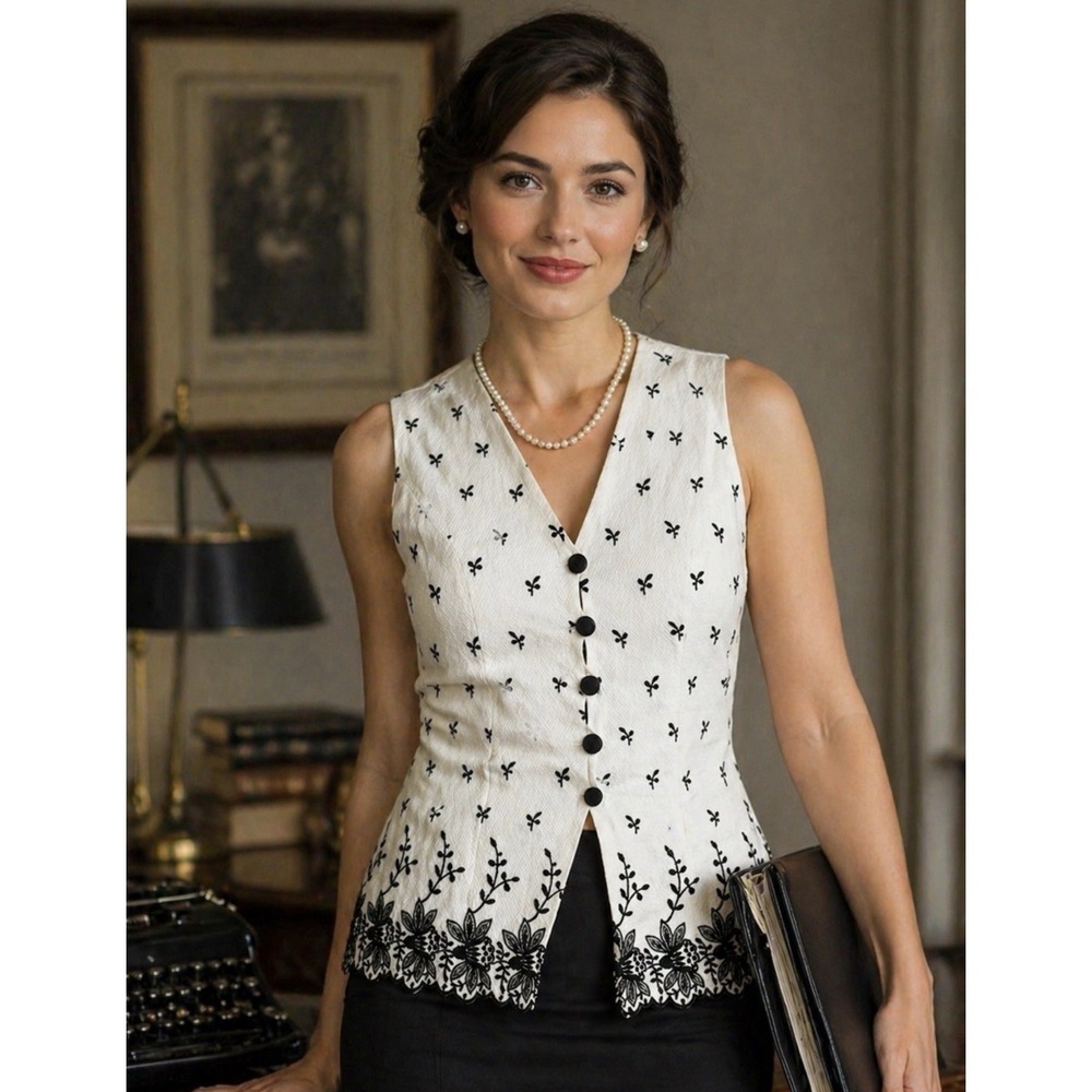 Vintage Marie St Claire Womens Floral Embroidered Button Vest Size 8 NWT